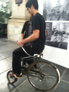 Mike at the Fiet Museum, taking an old fashioned bike for a turn (see previous post). 