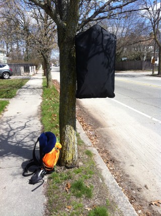 Backpack and suit bag hanging from tree