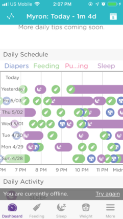 Chart from mobile app showing evening baby activity