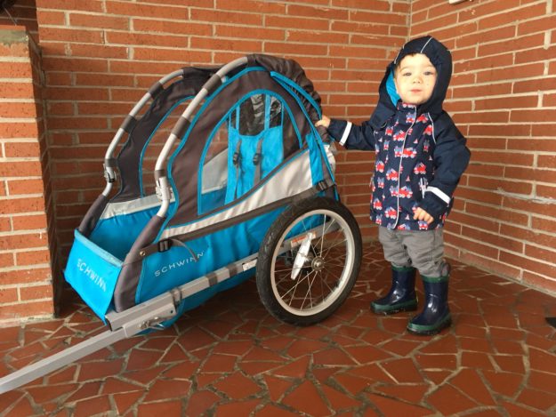 Myron playing with bike trailer